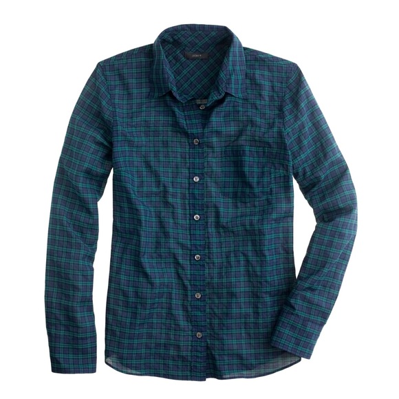 J. Crew Tops - J Crew Crinkle Boy Button Down Shirt Black Watch Navy Blue Green Plaid 2 XS